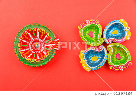 Happy Diwali Day, Flat lay top view Colorful Clay 61297134