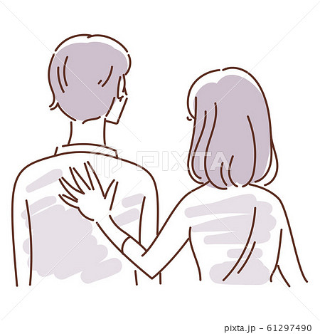 男性の背中に手を添える女性 線画 モノトーン のイラスト素材