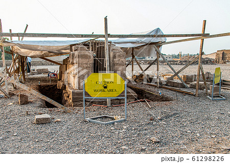 Work Zone of archeology at Ruins in the famous Temple of Kom Ombo in Egypt on nile river bank 61298226