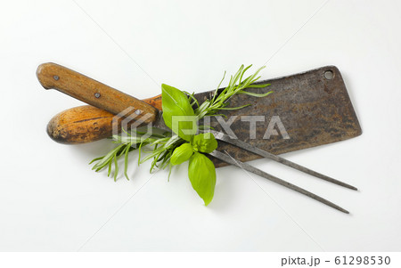 Vintage meat cleaver and carving fork 61298530