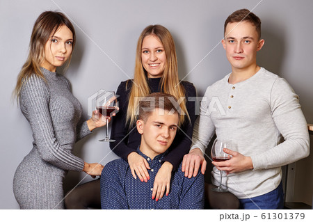 Group photo on student booze in college dormitory. 61301379