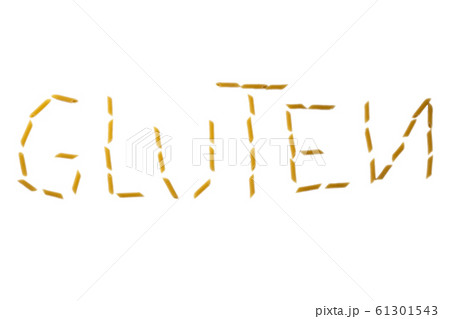 gluten word made with pasta penne isolated on white background 61301543