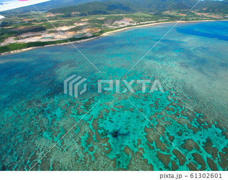 【沖縄・石垣島】南ぬ島石垣空港着陸前の景色と飛行機の影 61302601