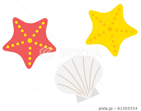 赤と黄色のヒトデと白い貝のイラストのイラスト素材