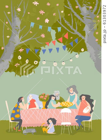 Cartoon happy family having dinner in blossom garden 61303972