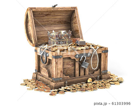 Open treasure chest filled with golden coins, gold - Stock Illustration  [61303996] - PIXTA