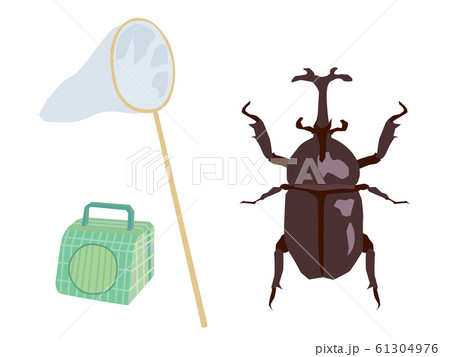 カブトムシと虫網と虫かごのイラスト素材