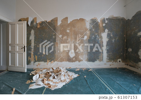 removing wallpaper from wall in room during flat renovation 61307153