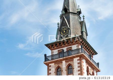 Sightseeing tower of the late gothic decanal Church of the Assumption of the Virgin Mary in Chomutov, Usti nad Labem region, Krusne hory, Ore Mountains, Czech Republic Sightseeing tower of the late gothic decanal Church of the Assumption of the Virgin Mary in Chomutov, Usti nad Labem region, Krusne hory, Ore Mountains, Czech Republic 61310319