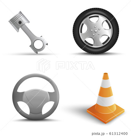 Realistic Set of car repair elements on transparent background. Traffic Cone, Tire, Steering wheel, Engine pistons. Vector Illustration 61312400
