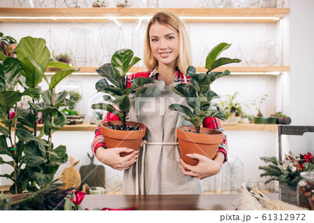 Gardening. Young caucasian florist woman working at garden 61312972