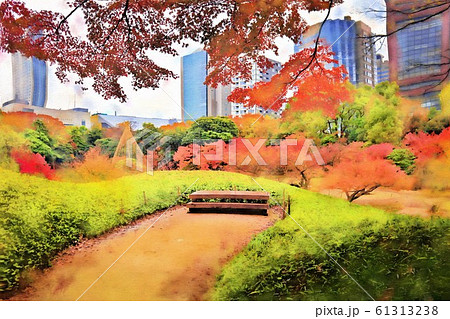 小石川後楽園。小廬山から見た紅葉。雨天（12月）東京都文京区 61313238