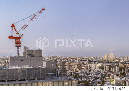 東京都文京区後楽園から見た高層ビルの建築現場のクレーンと東京の夕景 61314065