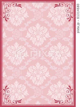 ダマスク柄背景とアンティークのフレームのテンプレート・フォーマット＿A4サイズピンク系 61314680