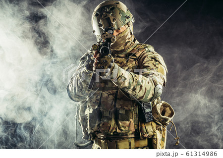Russian military forces, young soldier with weapon 61314986
