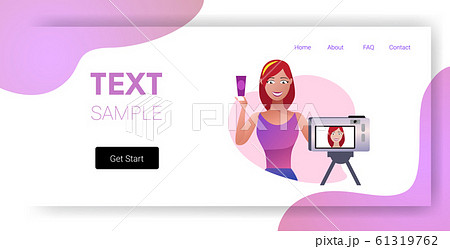 beauty blogger showing cream bottle tube cosmetic products woman recording online video with camera on tripod live streaming social media blogging concept portrait horizontal copy space 61319762