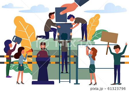 Small people standing near big voting box. 61323796