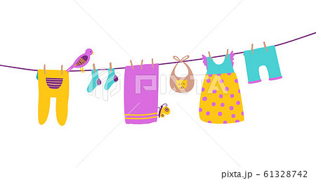 Baby clothes on clothesline hanging and drying. - Stock Illustration  [61328742] - PIXTA