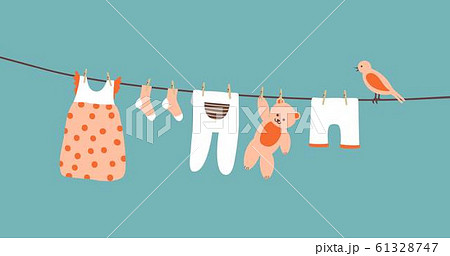 Baby clothes on clothesline hanging and drying. Clean apparel on a rope. Colorful vector 61328747