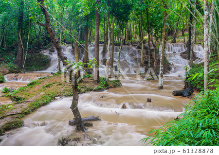 Waterfall scene at Pha Tad Waterfalls in rainforest  61328878