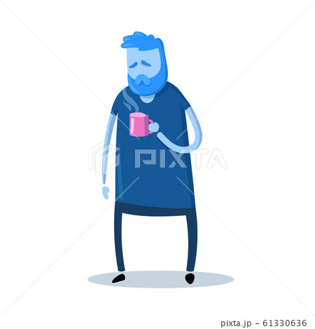 Funny sleepy guy with a cup of morning coffee. Cartoon design icon. Flat vector illustration. Isolated on white background. 61330636
