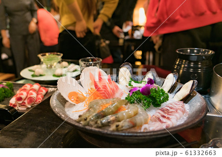 hotpot Chinese sytel with seafood set and belly pork at restaurant 61332663