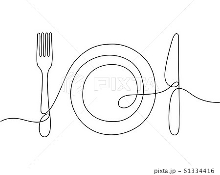 One line art. Plate knife, fork continuous outline drawing. Decoration for cafe or kitchen, restaurant or menu. Cutlery vector illustration 61334416