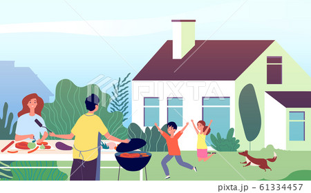 Picnic time. Garden bbq party. Family backyard barbecue cooking. Mother and father with happy children. Vector outdoor leisure illustration 61334457