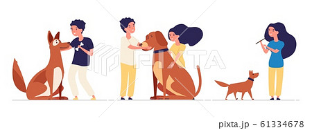 Kids and pets. Children hug pets, best friends are animals. Boys girls and puppies dogs isolated vector characters 61334678