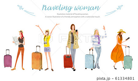 イラスト素材 女性 旅行 休暇 セットのイラスト素材