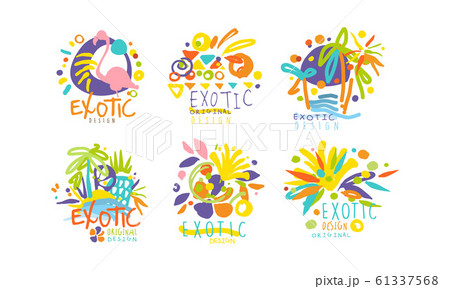 Exotic Original Design Labels Collection, Colorful Tropical Hand Drawn Badges with Birds and Plants Vector Illustration Exotic Original Design Labels Collection, Colorful Tropical Hand Drawn Badges with Birds and Plants Vector Illustration 61337568