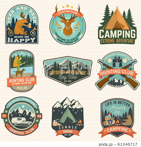 Set of hunting club and hiking club badge. Vector. Concept for shirt, logo, print, stamp. Vintage design with rv trailer, camping tent, boar, deer and forest silhouette Set of hunting club and hiking club badge. Vector. Concept for shirt, logo, print, stamp. Vintage design with rv trailer, camping tent, boar, deer and forest silhouette 61340717