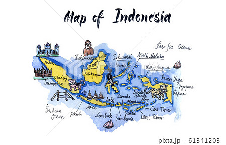 Cartoon map of attractions of indonesia, hand drawn watercolor illustration 61341203