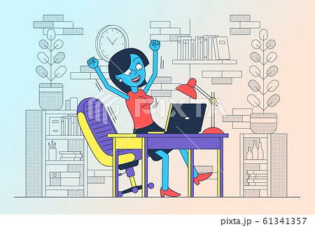 Happy girl freelancer with laptop jumped up for joy 61341357