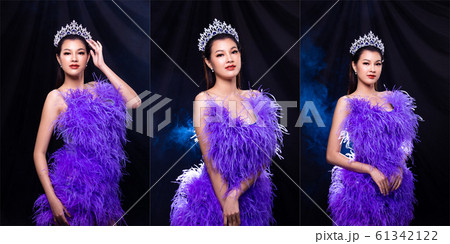Collage group Portrait of Miss Pageant Beauty Contest in Purple Feather Evening Ball Gown with Diamond Crown, Asian Woman feels happy smile and poses many difference style over dark background smoke 61342122