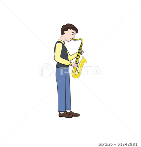 man (boy) plays the saxophone. Vector color illustration. 61342981