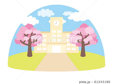 桜舞う春の小学校校舎の風景 ドーム型 のイラスト素材