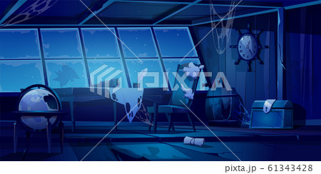 Empty abandoned old pirate ship cabin at night 61343428