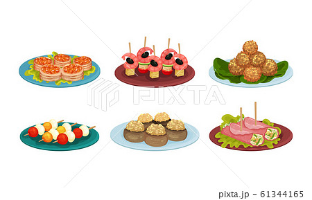 Light Snacks and Bites Served on Plates Side View Vector Illustrations Set 61344165