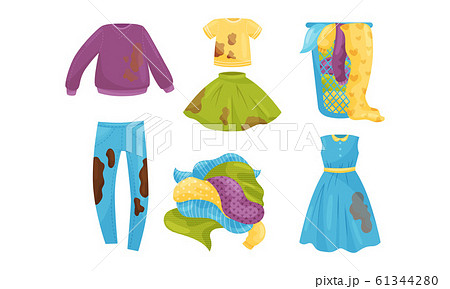 Pile of Dirty Clothes Lying on Floor and Dirty Clothing Items Isolated on White Background Vector Set Pile of Dirty Clothes Lying on Floor and Dirty Clothing Items Isolated on White Background Vector Set 61344280
