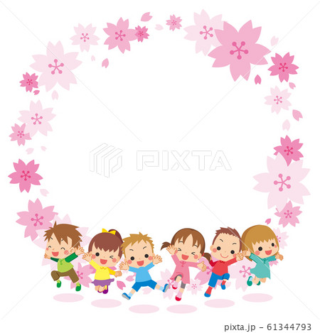 春服でで元気にジャンプする子供たち 桜の花フレーム のイラスト素材