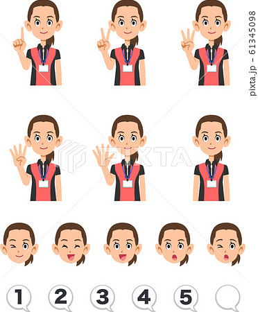 指で数字を数えるフィットネスクラブのインストラクターの女性 表情と数字のセットのイラスト素材