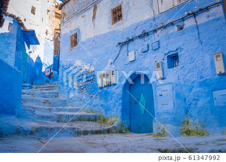 Blue staircase in Chefchaouen Street, Medina, Morocco 61347992