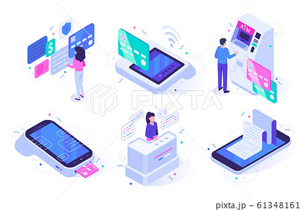 Isometric online cashier. Cash register terminal purchase checkout, sales outlet with buyers and atm customer vector illustration set 61348161