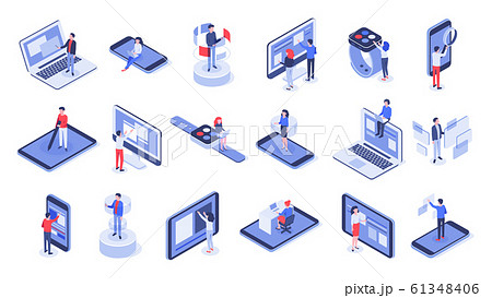 Isometric user interface. Online office, device interactions and touch mobile interfaces 3d vector set 61348406