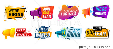 Join our team banners. We are hiring communication poster, help wanted advertising banner with speaker and vacant badge vector set Join our team banners. We are hiring communication poster, help wanted advertising banner with speaker and vacant badge vector set 61349727