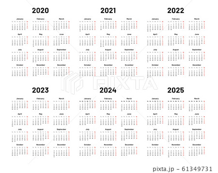 Calendar grid. 2020 2021 and 2022 yearly calendars. 2023, 2024 years organizer and 2025 year weekdays vector illustration set 61349731