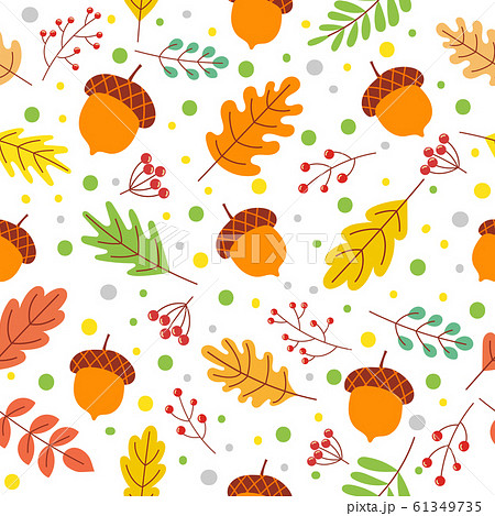 Seamless autumn leaves pattern. Fall season colors, fallen yellow leaf and autumnal acorns vector illustration 61349735