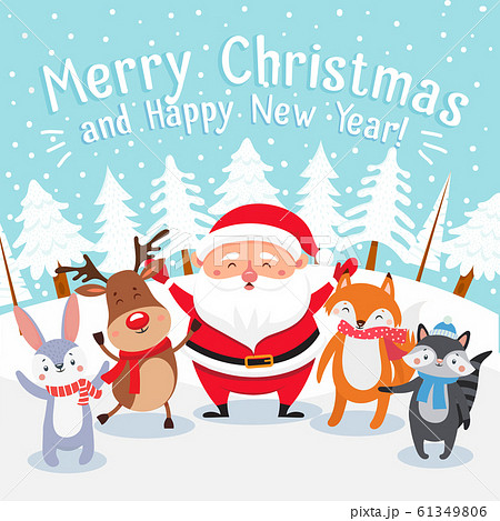 Merry Christmas cartoon greeting card. Happy xmas pets, Santa present gifts and winter holiday presents vector illustration 61349806