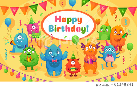 Happy birthday monsters. Kids birthday party cute monster mascot, monsters anniversary greeting card cartoon vector illustration Happy birthday monsters. Kids birthday party cute monster mascot, monsters anniversary greeting card cartoon vector illustration 61349841